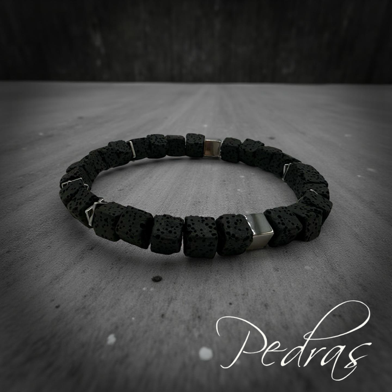 Bracelet Homme lave carrée, Hématite galvanisée et carré plat