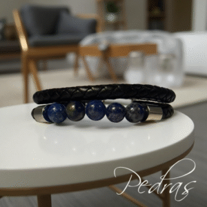 Pulseira Masculina 2 cordões de couro e 5 bolas em Lapis Lazuli