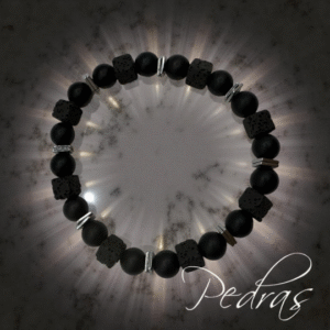 Pulseira Masculina de Ônix Fosco, Lava Quadrada e Quadrado Plano em Hematita galvanizada