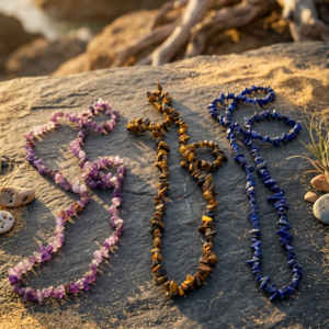 Kit Trio Colares Barroco 70cm — Ametista, Olho de Tigre, Lápis-Lazúli