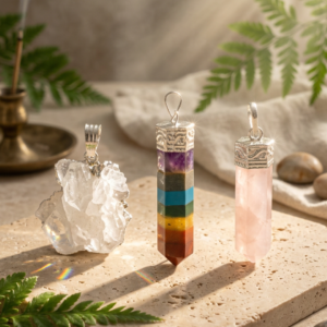 Kit Trio Pingentes — Cristal de Rocha, Quartzo Rosa, 7 Chakras