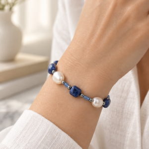 Pulseira de sodalita, pérola e hematita