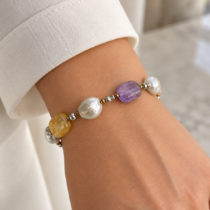Pulseira de quartzo rosa, ametista, citrino, pérola e hematita dourada