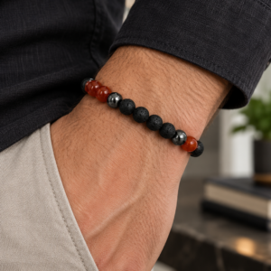 Pulseira Masculina de Cornalina, Pedra de Lava e Hematita