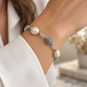 Pulseira de água marinha, pérola e hematita