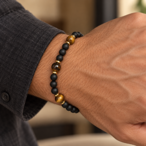 Pulseira Masculina de Ônix e Olho de Tigre