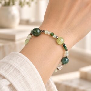 Pulseira de Ágata-Musgo, Prehnita, Cristal de Rocha e Hematita